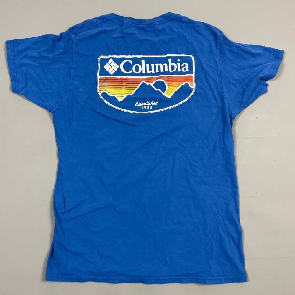 Columbia Mens Blue Graphic T-Shirt Short Sleeve Mountain Sunset Logo Size Medium
